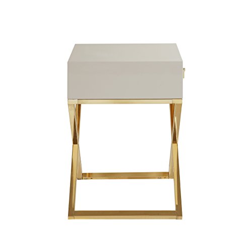 Iconic Home Ithaca Nightstand Side Table with Self Closing Drawer Lacquer X Base Brass Finished Stainless Steel, Modern Contemporary, Beige