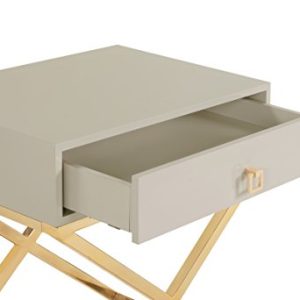 Iconic Home Ithaca Nightstand Side Table with Self Closing Drawer Lacquer X Base Brass Finished Stainless Steel, Modern Contemporary, Beige