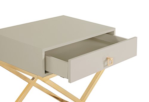 Iconic Home Ithaca Nightstand Side Table with Self Closing Drawer Lacquer X Base Brass Finished Stainless Steel, Modern Contemporary, Beige