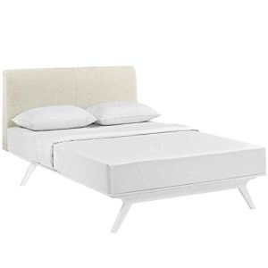 Modway Tracy Mid-Century Modern Wood Platform Queen Size Bed in White Beige
