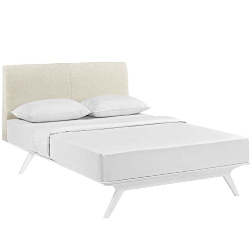 Modway Tracy Mid-Century Modern Wood Platform Queen Size Bed in White Beige