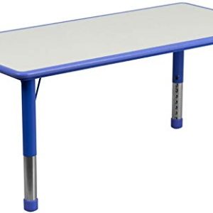 Flash Furniture 23.625''W x 47.25''L Rectangular Blue Plastic Height Adjustable Activity Table Set with 6 Chairs