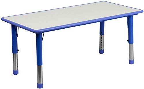 Flash Furniture 23.625''W x 47.25''L Rectangular Blue Plastic Height Adjustable Activity Table Set with 6 Chairs