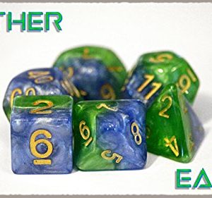 Gate Keeper Games Mother Earth Halfsies Dice - 7 die polyhedral dice Set - Land Green & Sea Blue - Gold Numbering