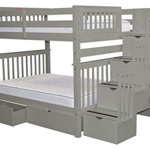 Bedz King Stairway Bunk Beds Full over Full with 4 Drawers in the Steps and 2 Under Bed Drawers, Gray
