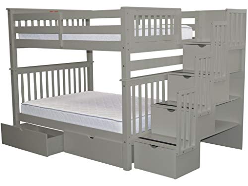 Bedz King Stairway Bunk Beds Full over Full with 4 Drawers in the Steps and 2 Under Bed Drawers, Gray