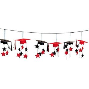 Amscan School Colors Graduation Party 3-D Mortarboard and Stars Foil Garland Decoration, Apple Red and Black, Foil, 12 Feet