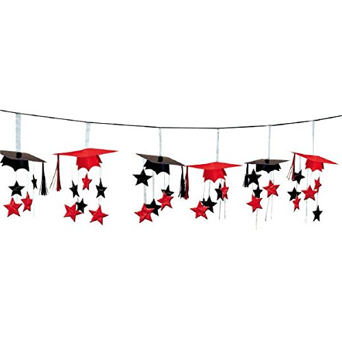 Amscan School Colors Graduation Party 3-D Mortarboard and Stars Foil Garland Decoration, Apple Red and Black, Foil, 12 Feet