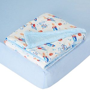 My Baby Toddler Boys Rockets Printed Mink Reversed Coral Fleece Blanket with Cotton Sheet Crib Bedding Set, Blue