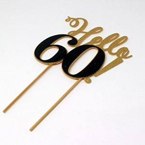 All About Details CATHE60 Hello 60 Cake, 1pc, 60th Birthday, Party Decor, Glitter Topper (Gold & Black), 6 x 9,