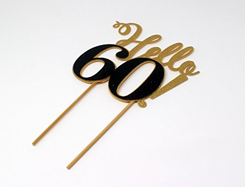 All About Details CATHE60 Hello 60 Cake, 1pc, 60th Birthday, Party Decor, Glitter Topper (Gold & Black), 6 x 9,