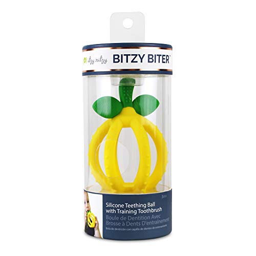 Itzy Ritzy Teething Ball & Training Toothbrush – Silicone, BPA-Free Bitzy Biter Lemon-Shaped Teething Ball Featuring Multiple Textures to Soothe Gums and an Easy-to-Hold Design, Lemon