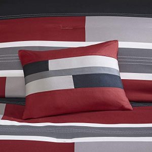 Comfort Spaces Pierre 4 Piece Comforter Set All Season Ultra Soft Hypoallergenic Microfiber Pipeline Stripe Boys Dormitory Bedding, Full/Queen, Black Red