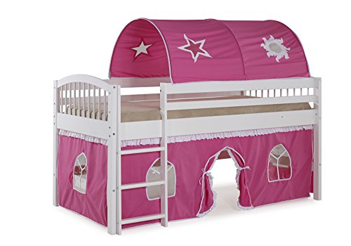 Dylan White Junior Loft Bed with Pink/White Tent and Playhouse