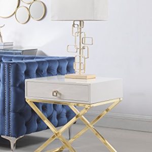 Iconic Home Ithaca Nightstand Side Table with Self Closing Drawer Lacquer X Base Brass Finished Stainless Steel, Modern Contemporary, Beige