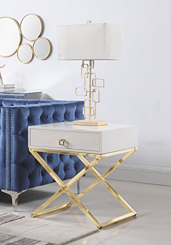 Iconic Home Ithaca Nightstand Side Table with Self Closing Drawer Lacquer X Base Brass Finished Stainless Steel, Modern Contemporary, Beige