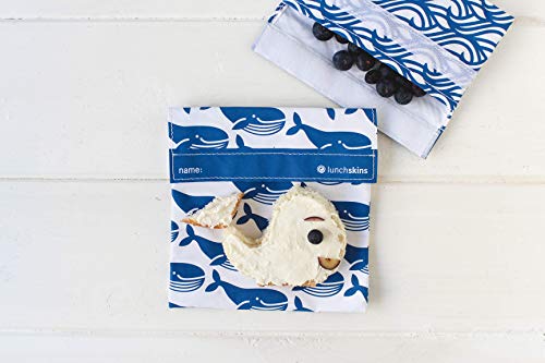 Lunchskins Reusable 2 Piece Food Storage Bag Set, 1 Sandwich Bag + 1 Snack Bag, Blue Whale