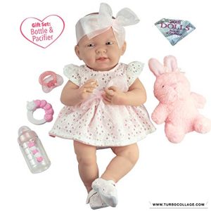 JC Toys La Newborn All-Vinyl-Anatomically Correct Real Girl 15" Doll in White Eyelet Dress with Fluffy Bunny and Accessories Designed by Berenguer