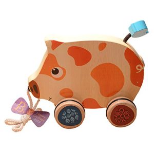 B. toys – Happy Go Piggy – Wooden Pull Toy – BPA Free Walk-A-Long Pull toy for Toddlers 18 months +