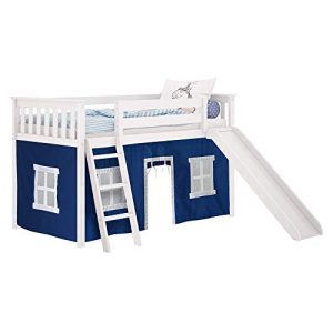 Max & Lily 180213-002-022 Low Loft with Slide, Twin, White, Blue Curtain
