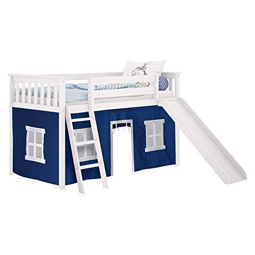 Max & Lily 180213-002-022 Low Loft with Slide, Twin, White, Blue Curtain