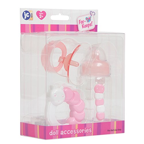 JC Toys 3-Piece Pink Accessory Gift Set Includes Bottle, Pacifier, and Rattle Fits Most Dolls - Ages 2+ - Designed by Berenguer Boutique Baby Doll, Pink