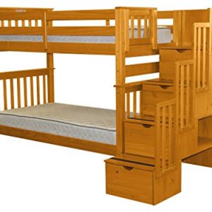 Bedz King Tall Stairway Bunk Beds Twin over Twin with 4 Drawers in the Steps, Honey