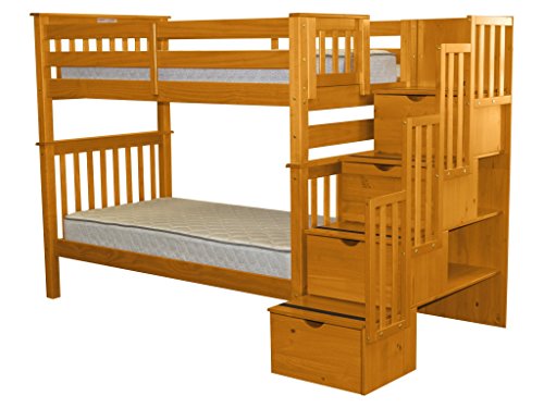 Bedz King Tall Stairway Bunk Beds Twin over Twin with 4 Drawers in the Steps, Honey