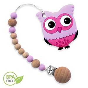 Baby Wood Pacifier Clip and Silicon Owl Teether | 100% BPA Free, Anti-Bacterial, and Organic | Natural and Effective Teething Pain Relief (Purple)