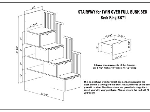 Bedz King Tall Stairway Bunk Beds Twin over Twin with 4 Drawers in the Steps, Honey