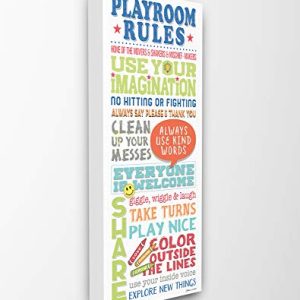 The Kids Room by Stupell Playroom Rules Colorful Typography White Blue Green and Red Stretched Canvas Wall Art, 13x30, Gray Framed Giclee