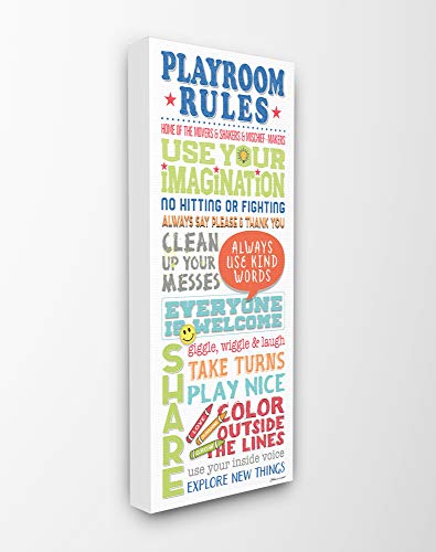The Kids Room by Stupell Playroom Rules Colorful Typography White Blue Green and Red Stretched Canvas Wall Art, 13x30, Gray Framed Giclee