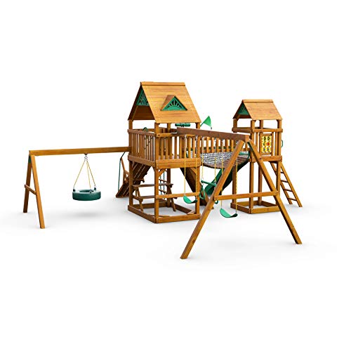 Gorilla Playsets 01-0006-AP Pioneer Peak Wood Swing Set with Wood Roof, Tire Swing, Clatter Bridge and Tower, Ramp, Slide, Two Swings, Amber