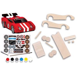 MasterPieces Works of Ahhh Buildable Real Wood Acrylic Paint & Craft Kit, Race Car, For Ages 4+