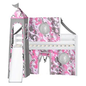 JACKPOT! Princess Low Loft Bed with Slide Pink Camo Tent and Tower, Loft Bed, Twin, White