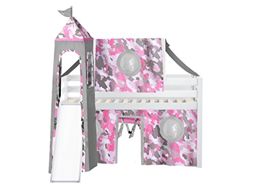 JACKPOT! Princess Low Loft Bed with Slide Pink Camo Tent and Tower, Loft Bed, Twin, White