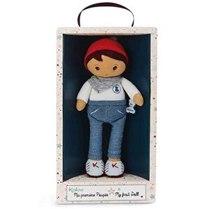 Kaloo Tendresse My First Fabric Doll Eliott K 10” Soft Plush Figure in White Shirt, Blue Jeans, and Red Hat with Baby Safe Embroidered Face Machine Washable for Ages 0+