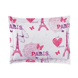 Mytex Paris Love 4-Piece Comforter Set Eiffel Tower, Butterflies, Hearts, Typography, Girls Bedding, Polyester, Full, Fuchsia
