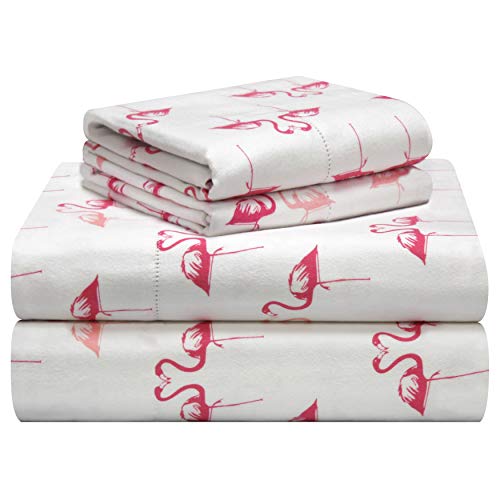 Pointehaven 180 GSM Velvet Feel Luxury Cotton Printed Flannel Sheet Set, Full, Flamingos