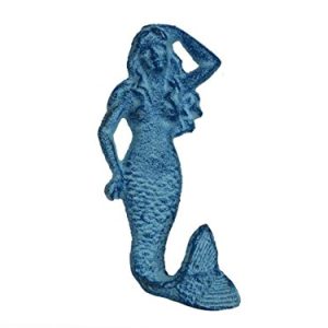 Hampton Nautical Rustic Light Blue Whitewashed Mermaid Hook 6" Decorative Cast Iron Wall Hook