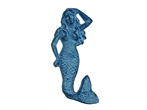 Hampton Nautical Rustic Light Blue Whitewashed Mermaid Hook 6" Decorative Cast Iron Wall Hook