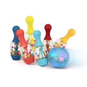B. Toys – Let's Glow Bowling! – Multicolored Six Pin Toy Bowling Set with Flashing Light-Up Ball & Carrying Caddy for Kids Ages 2+