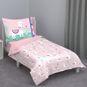 Everything Kids Pink & Mint Llama 4Piece Toddler Bed Set - Comforter, Fitted Bottom Sheet, Flat Top Sheet, Reversible Pillowcase, Pink, Mint, Navy, Raspberry