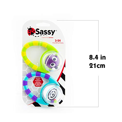 Sassy Flip & Grip Rattle | Value 2 Pack | Developmental Toy with Rattle Beads | Spinning Discs with Mirror | For Ages 3 Months and Up