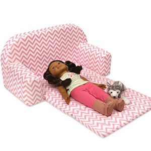 Badger Basket Chevron Upholstered Doll Sofa with Foldout Bed (fits American Girl Dolls), Pink/White