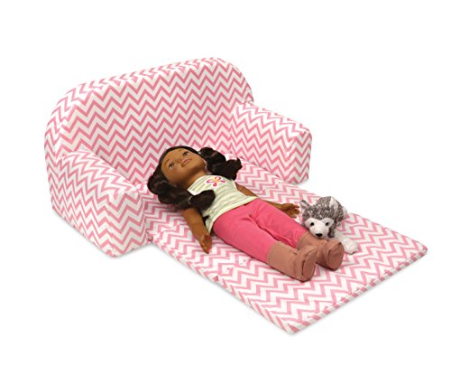 Badger Basket Chevron Upholstered Doll Sofa with Foldout Bed (fits American Girl Dolls), Pink/White