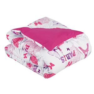 Mytex Paris Love 4-Piece Comforter Set Eiffel Tower, Butterflies, Hearts, Typography, Girls Bedding, Polyester, Full, Fuchsia