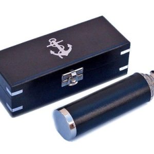 Hampton Nautical Captain's Chrome/Leather Spyglass Telescope with Black Rosewood Box, 14"