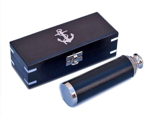 Hampton Nautical Captain's Chrome/Leather Spyglass Telescope with Black Rosewood Box, 14"