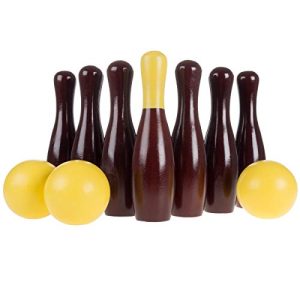 Hey! Play! 80-ESLB90 Lawn Bowling Game-English Skittles Set-Indoor Outdoor Fun for Toddlers, Kids, Adults –10 Wooden Pins, 3 Balls, & Mesh Bag, 9"